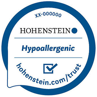 Blue circle around Hohenstein logo, check mark, "hohenstein.com-trust", "Hypoallergenic"