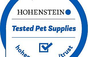 Blue circle around Hohenstein logo, "Tested Pet Supplies", check mark, "hohenstein.com-trust"