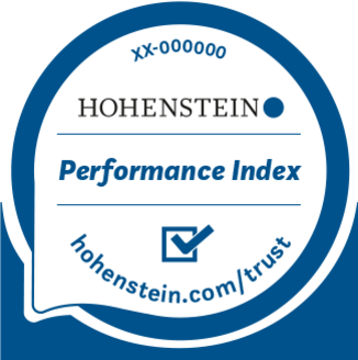 Blue circle around Hohenstein logo, check mark, "hohenstein.com/trust", "Hohenstein Performance Index"