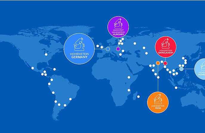 Blue, world map with dots for Hohenstein locations and large circles for testing lab locations