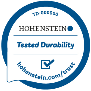 Blue circle around "Hohenstein Tested Durability"